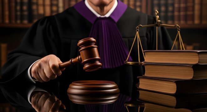 Close-up of a judge in a courtroom holding a gavel next to legal books and a scale on a desk with a blurred background of bookshelves.