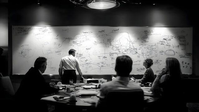 Business meeting: brainstorming session with a whiteboard full of equations and charts