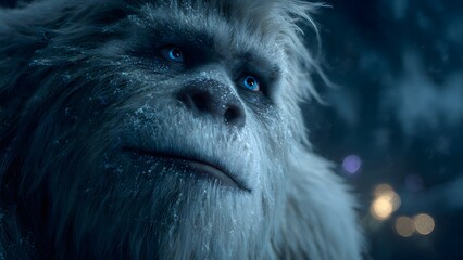 Naklejka premium Yeti Creature Portrait, Snowy Winter Forest, Blue Eyes, Mysterious Fantasy Character