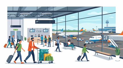 Obraz premium Modern airport terminal illustration featuring busy travelers with luggage, check-in counters, and airplanes on the runway through large windows in flat vector.