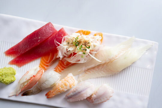 Different types of sushi on a plate