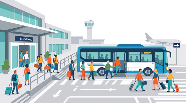 Airport Terminal Scene with Diverse Passengers Boarding a Blue Shuttle Bus, People with Luggage, Airplane and Control Tower in Background, Flat Vector Design.