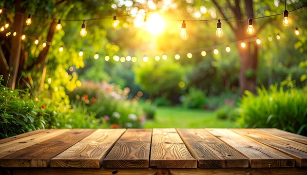Warm Summer Evening Garden Party Ambiance with String Lights and Wooden Table.