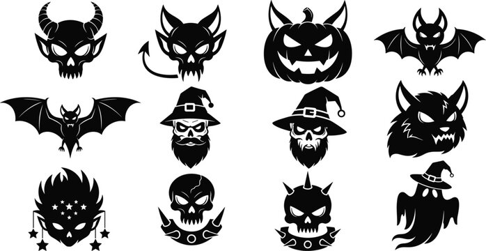 Halloween spooky icon set vector, skull devil pumpkin bat witch ghost silhouettes, horror character collection for design, tattoo, branding
