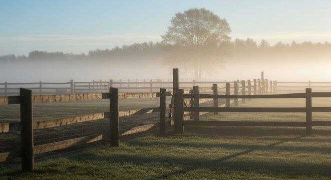 Serene Paddock Landscape Shrouded In Morning Mist