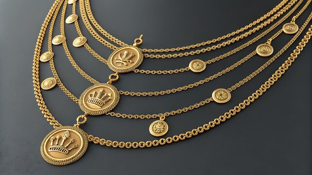 Intricate gold necklace with royal crown pendants and dainty charms