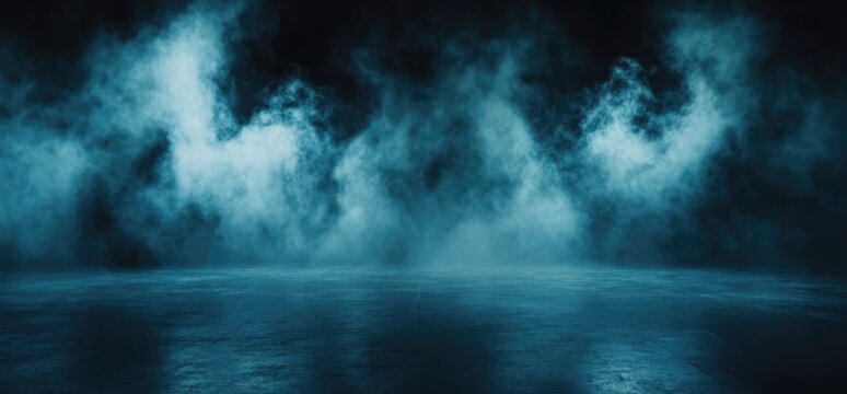 Abstract dark background with neon light, smoke, and fog in the corridor of an empty room illuminated by a blue glow.