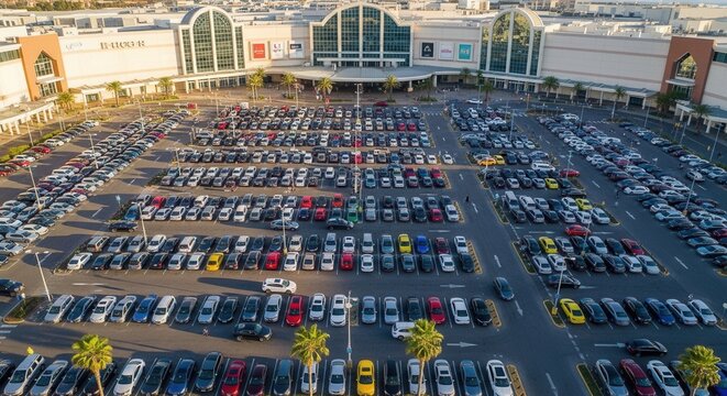 Sprawling Shopping Mall Parking Lot Filled With Cars