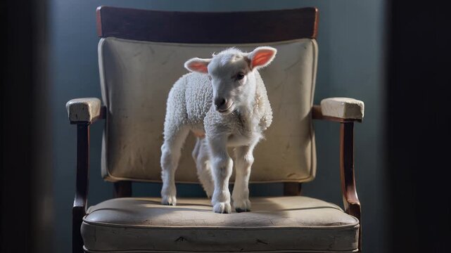 A lamb stands on a chair indoors facing forward curiously.