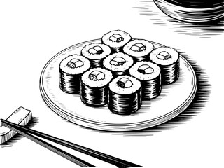 Black and white woodcut of a plate of maki sushi rolls with chopsticks and a soy sauce dish © Jaker
