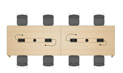 Top Down View Conference Table Illustration with Meeting Microphones, Office Chairs, and Wood Texture Desk © Kawmini