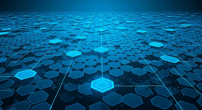 Digital Network Connection Concept Blue Vector Illustration of Futuristic Hexagon Perspective Wide Angle Landscape Web Background Technology Communication Mesh Data Connectivity Structure Grid