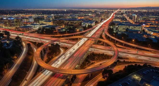 Sprawling Urban Highway Interchange At Dusk With Streaking Lights