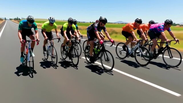A group of cyclists in colorful jerseys racing on a sunny day