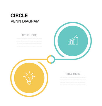 Venn diagram business infographic circle chart template with icons and 2 options. Presentation slide vector illustration. 