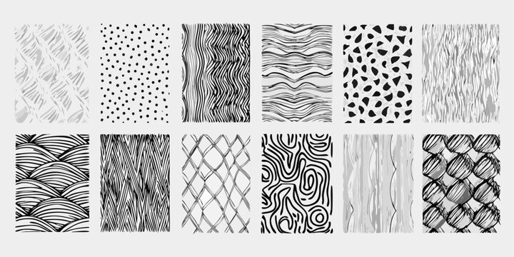 Set of diverse black and white hand drawn abstract textured patterns