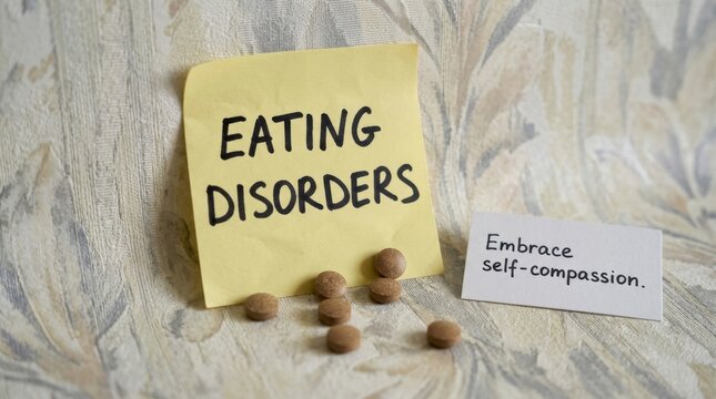 Yellow sticky note with 'EATING DISORDERS' message and pills, promoting health awareness