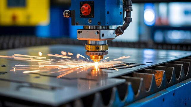 Laser cutting metal sheet with sparks in industrial manufacturing process and precision engineering