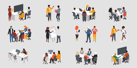 Fototapeta premium Diverse group of people collaborating in various modern office settings