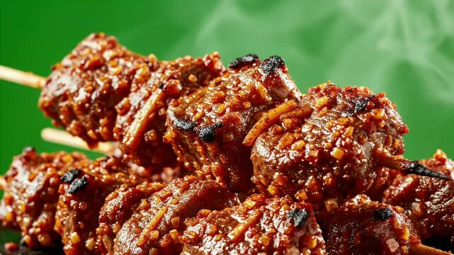 Close Up of Delicious Nigerian Suya Skewers Grilled to Perfection with Savory Peanut Coating and Smoky Steam Against a Vibrant Green Background