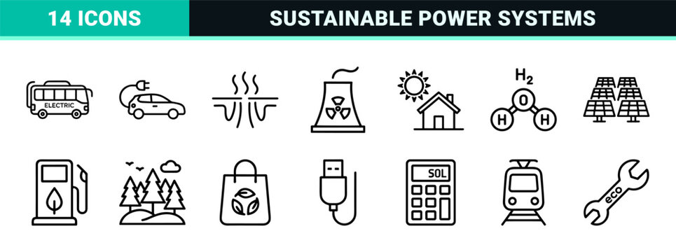 Sustainable Energy and Green Technology Monoline Icons featuring Solar Panels Wind Turbines and Electric Transport in Clean Geometric Line Art Style.