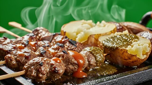 Close up of Peruvian Anticuchos skewers with baked potatoes and green sauce presented on a rustic grill with smoke rising against a vibrant green background in cinematic food photography