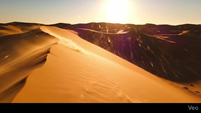 Golden Desert Dunes at Sunset, Sand Waves, Arid Landscape