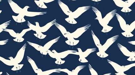 Fototapeta premium A playful yet sophisticated repeating pattern of white seagull silhouettes, some flying up, some diving down, creating a lively rhythm across a classic navy blue field, perfect for wallpaper or