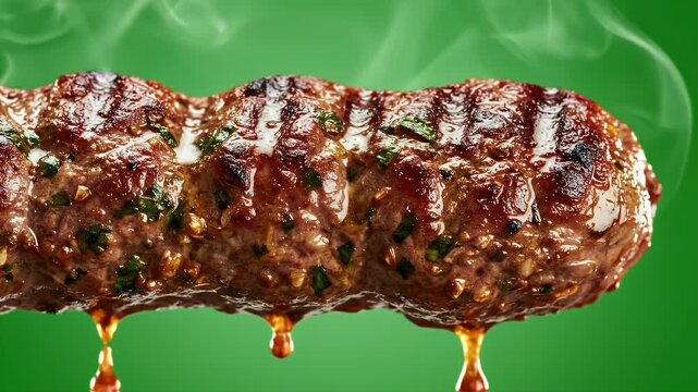 Close-Up of Savory Grilled Kofta Kebab Skewer With Herbs Glazed With Sauce and Dripping Juices Against a Vibrant Green Background With Smoke Wisps