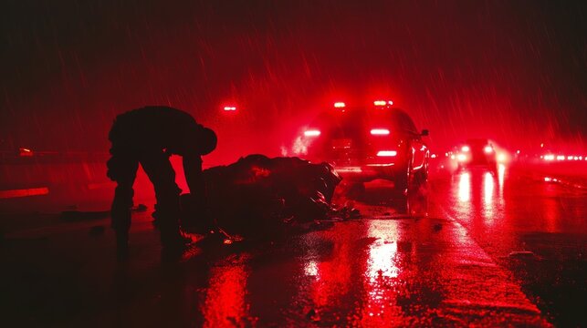 A wide-angle, cinematic shot of a car crash scene on a rain-slicked highway, emergency flares casting a red glow, with the silhouette of a first responder leaning over a victim on the road, focusing