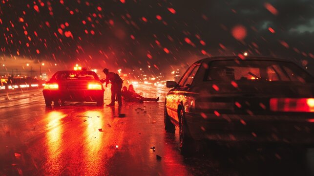 A wide-angle, cinematic shot of a car crash scene on a rain-slicked highway, emergency flares casting a red glow, with the silhouette of a first responder leaning over a victim on the road, focusing