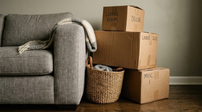 Gray sofa with stacked moving boxes and woven basket, depicting household relocation and storage
