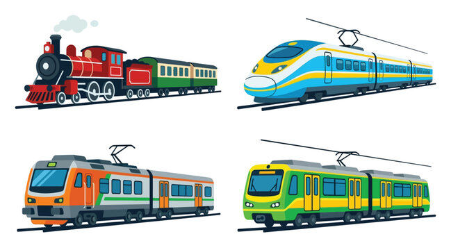Illustration of vintage and modern trains traveling on railway tracks