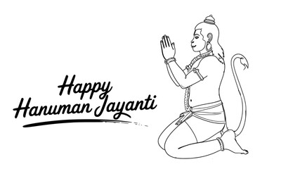 Fototapeta premium Happy Hanuman Jayanti Minimal Line Art Greeting with Lord Hanuman Kneeling in Prayer Namaste Pose on White Background, Hindu Festival Devotional Sketch Illustration Card