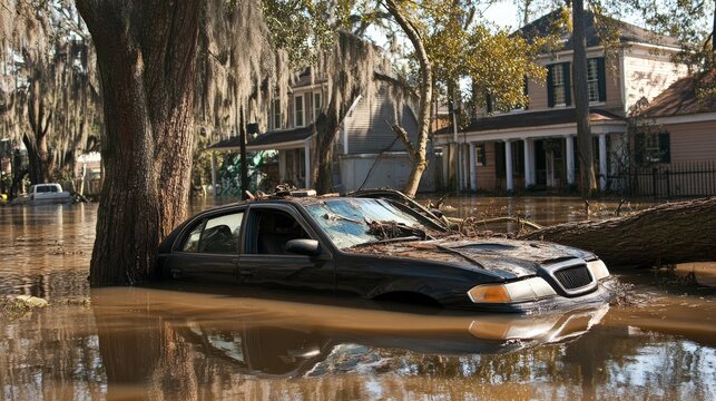 A photo of a flooded town square after a hurricane, a damaged black car sits half-submerged in brown water next to a fallen tree, with water lines visible on the surrounding buildings, telling a