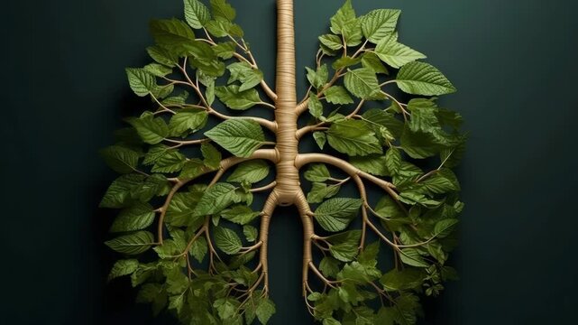 Abstract silhouette of green foliar lungs on a dark background with copy space. Trees are the lungs of the planet. Ecological, medical and healthcare concept. Lungs made of green trees and plants.