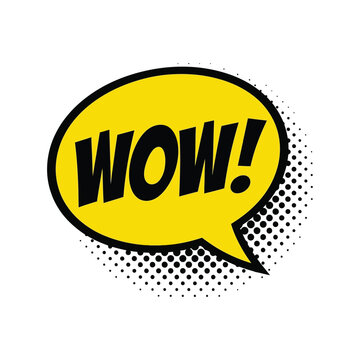 Vibrant yellow comic speech bubble with bold black outline and 'WOW!' text, retro pop art style
