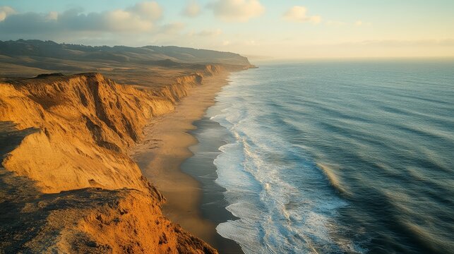 A landscape photograph from the top of a towering cliff, looking down at a beautiful arrow-shaped sand spit, or tombolo, reaching out into the sea, gentle white waves lap at the sandy shore, golden