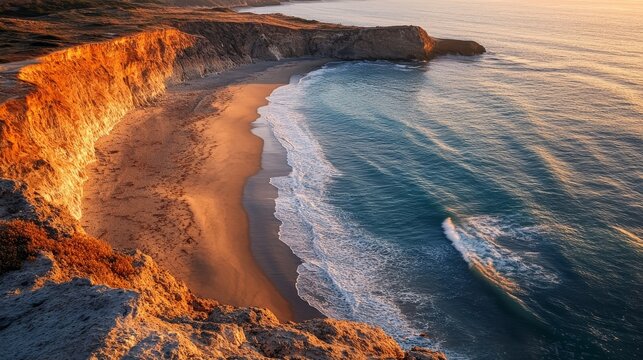 A landscape photograph from the top of a towering cliff, looking down at a beautiful arrow-shaped sand spit, or tombolo, reaching out into the sea, gentle white waves lap at the sandy shore, golden