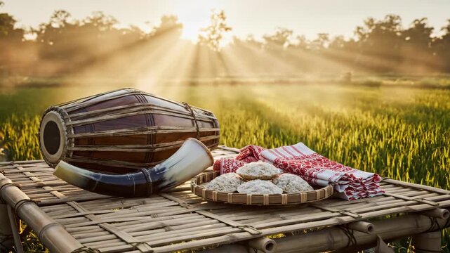 Golden hour sun rays illuminate traditional rongali bihu items on a bamboo table in an assamese paddy field.