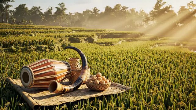 Traditional bihu instruments and offerings bathed in golden light, celebrating rongali bihu in lush green assamese rice fields.