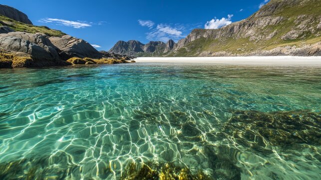 A serene, eye-level shot from the calm, crystal-clear water of a coastal lagoon, looking back towards the white sandy shore of the tombolo, with the dramatic, rugged cliffs of the main coastline
