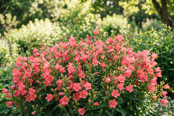 Fototapeta premium A lush bush of vibrant coral pink campanula flowers blooming in a sunlit summer garden