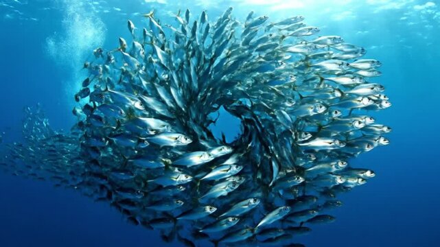Vast School of Silver Fish Forming a Circular Swarm Underwater