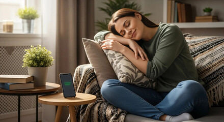 Obraz premium A woman relaxing after turning off her phone, representing digital detox and mental health.