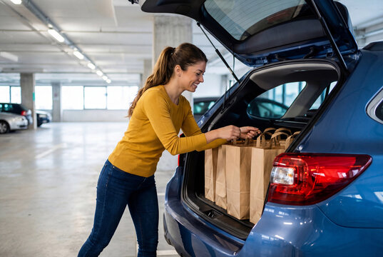 Smiling young woman loading shopping bags into the car trunk in a parking garage