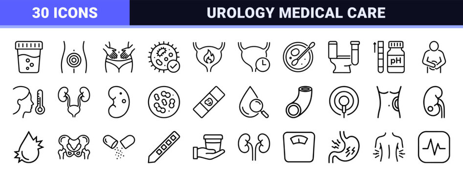 Urinary Tract Infection and Urology Health Monoline Icons. Professional Geometric Line Art for Medical Diagnostics and Bladder Wellness.