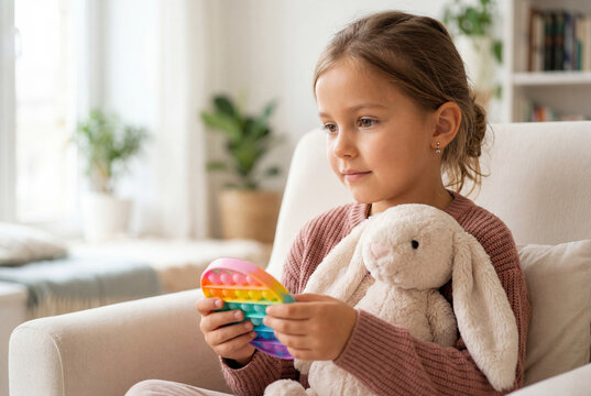Thoughtful young girl holding soft bunny toy and colorful rainbow sensory fidget toy on sofa