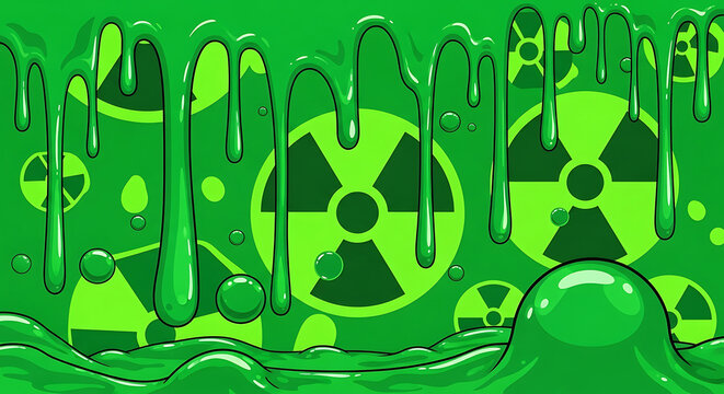 Vibrant fluorescent green toxic slime texture featuring gooey dripping radioactive snot splat and viscous liquid paint blotch for a spooky Halloween background effect with 3D depth and glow.