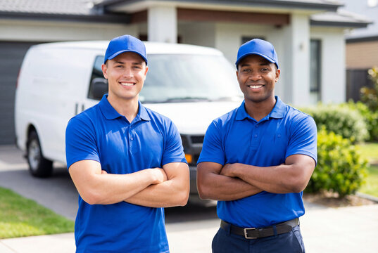 Two smiling professional movers in blue uniforms standing in front of van